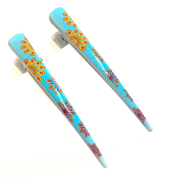 Updo Hair Clips Set of 2 Blue With Yellow Red Peacock Print - Picture 1 of 5